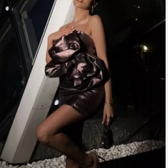 NWT ZARA Voluminous Flower Strapless Mini Metallic Dress Crossover Strap - Picture 2 of 13